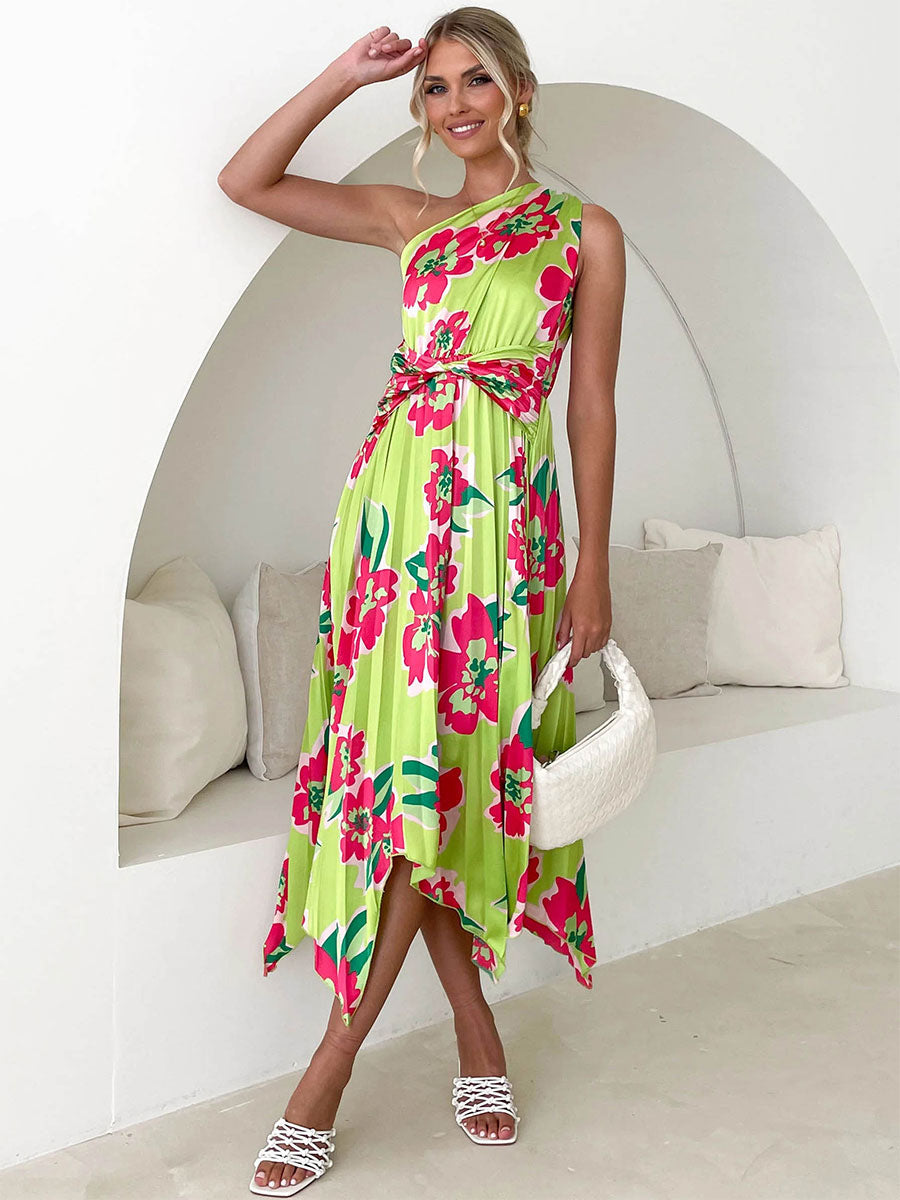 Summer Midi Dress Light Sky Blue Asymmetrical Neck Pleated Printed Spandex Beach Dress