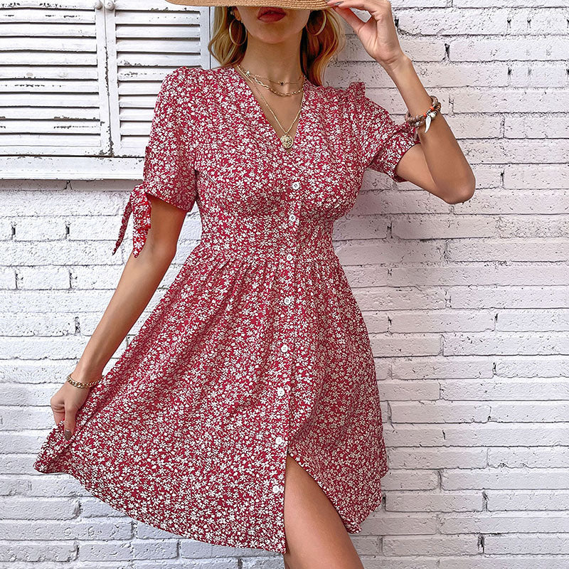 V-Neck Floral Print Split Mini Dress in Red for Women