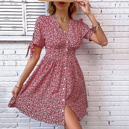 V-Neck Floral Print Split Mini Dress in Red for Women