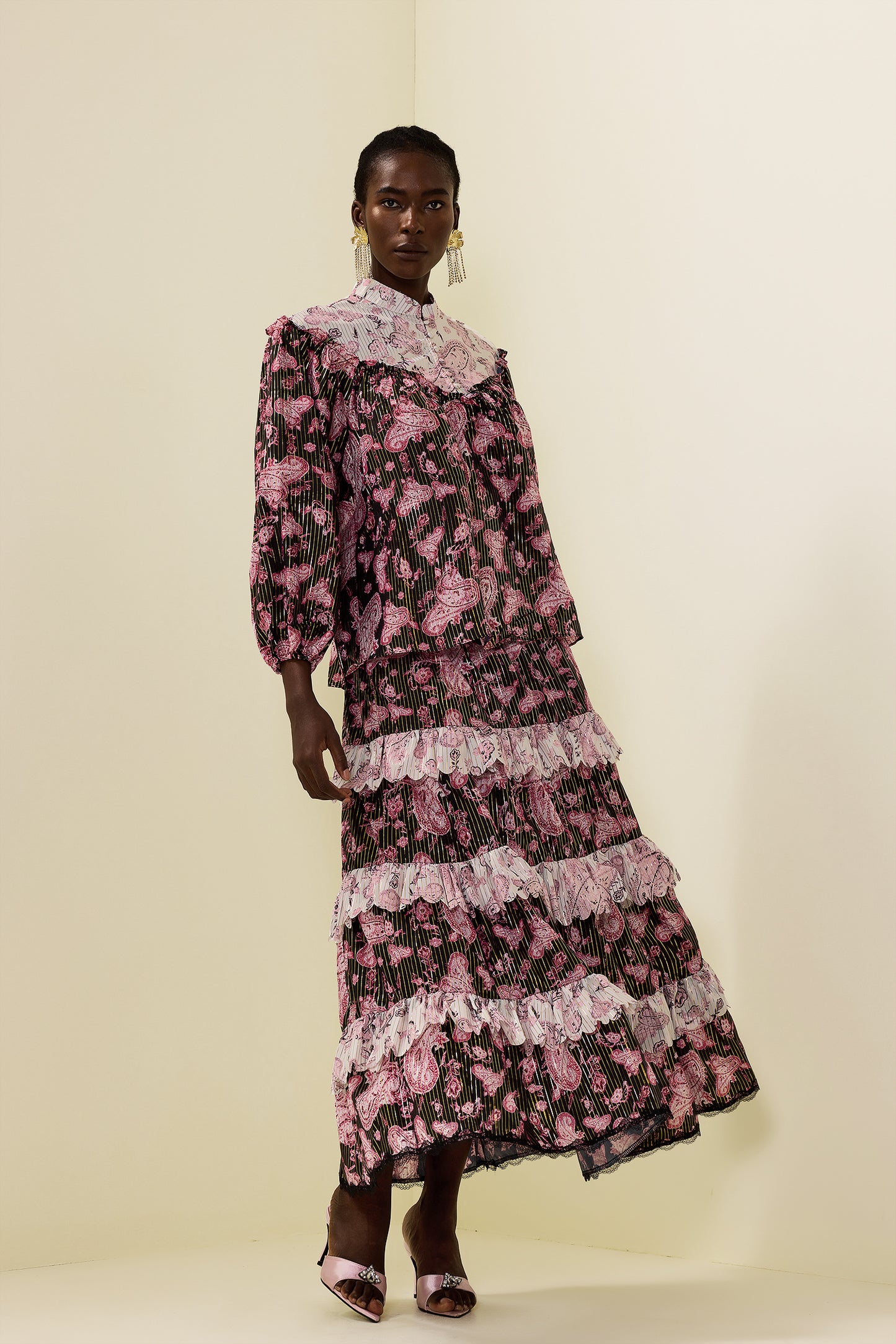 Paisley Print Gold Foil Stamping  Midi Dress