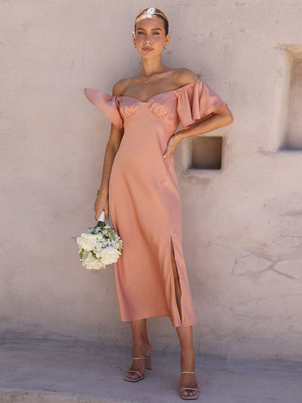 Summer Midi Dress Light Green Bateau Neck Satin Fabric Beach Dress