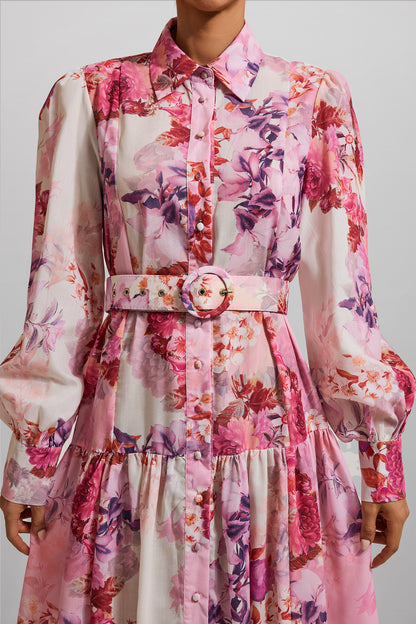 Floral Shirt Collar Midi Dress With Belt
