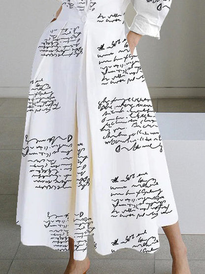 Long Sleeves Loose Letter Print Lapel Midi Shirt Dresses