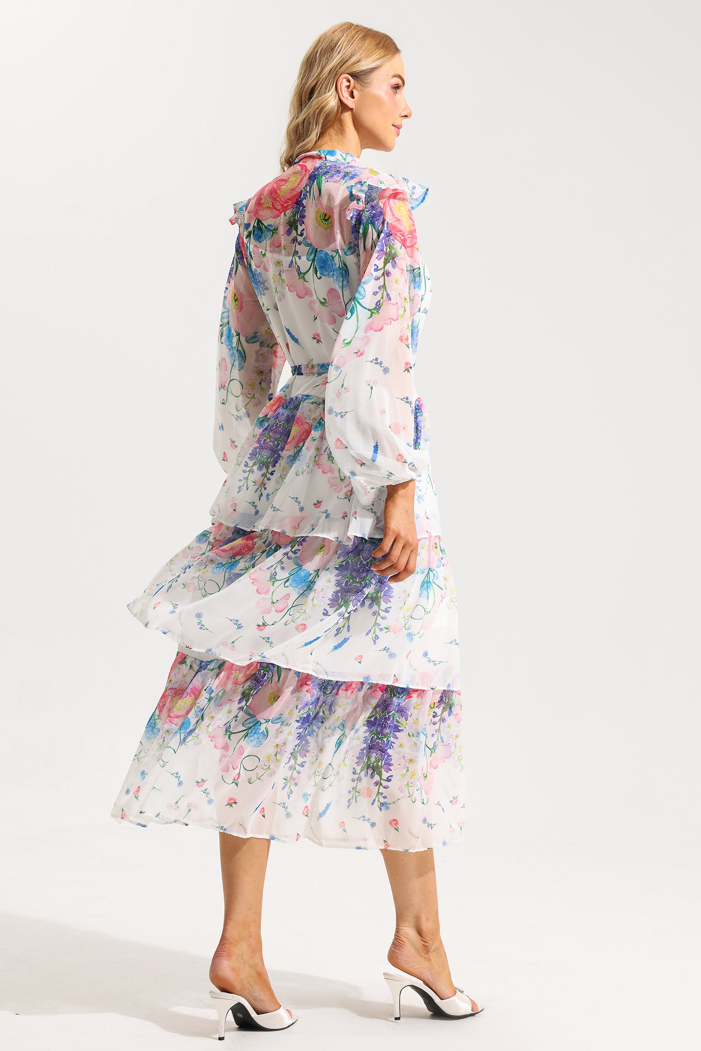 Floral Ruffle Long Sleeve Midi Dress With Belt