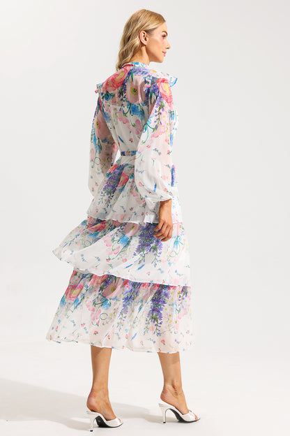 Floral Ruffle Long Sleeve Midi Dress With Belt