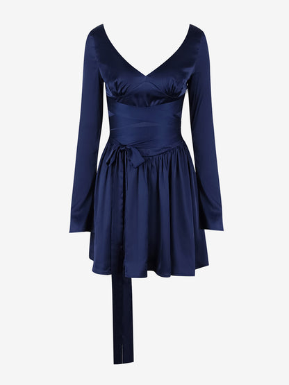 Flared Dress V-neck Long Sleeves Belted Lace Up Party Mini Dresses