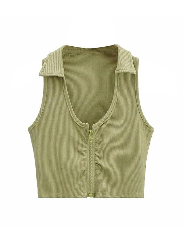 Zip Up Ribbed Cropped Tank Top