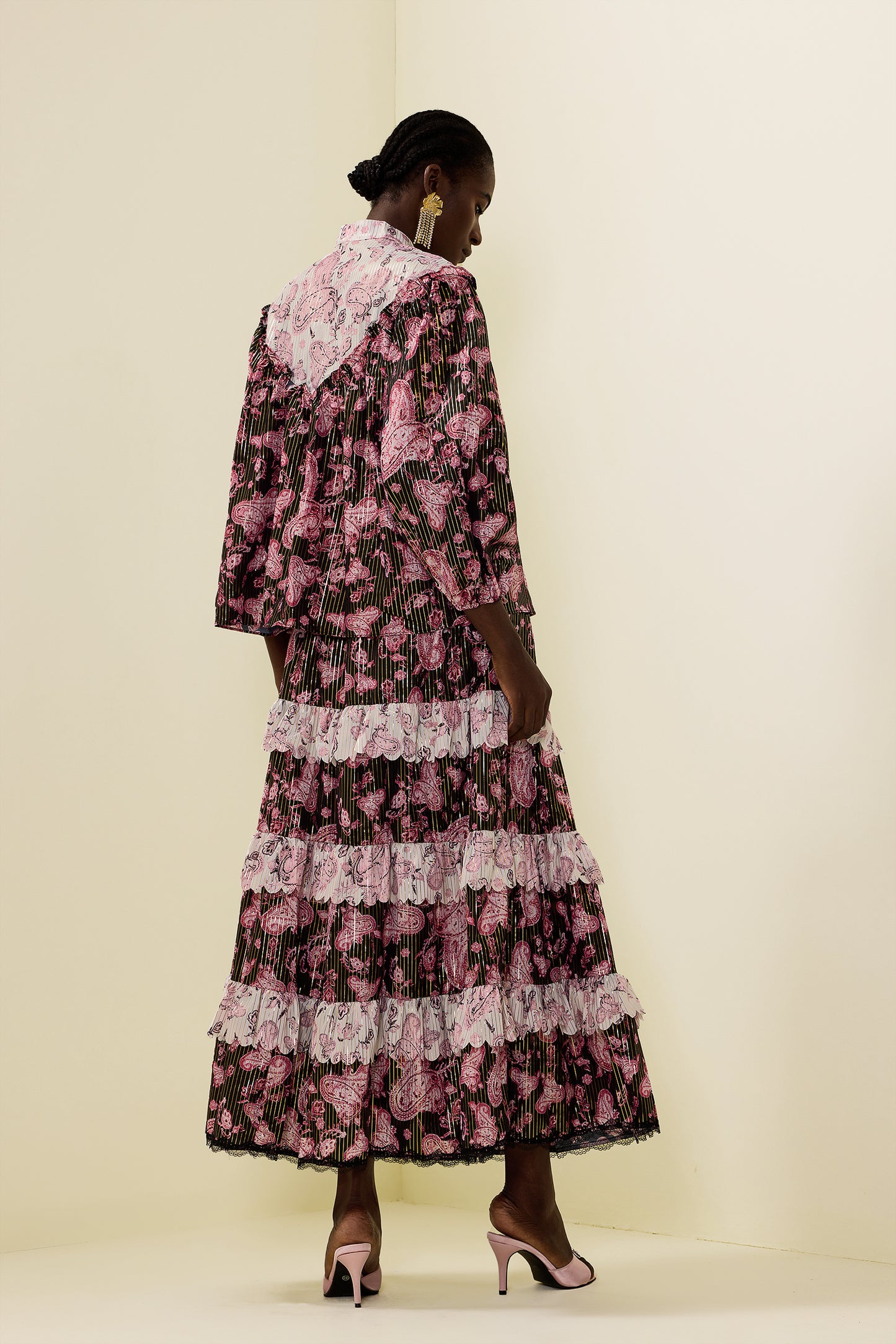 Paisley Print Gold Foil Stamping  Midi Dress