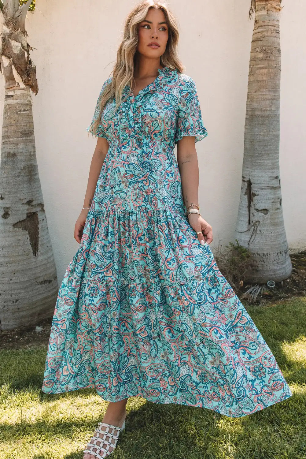 boho paisley print ruffle maxi dress