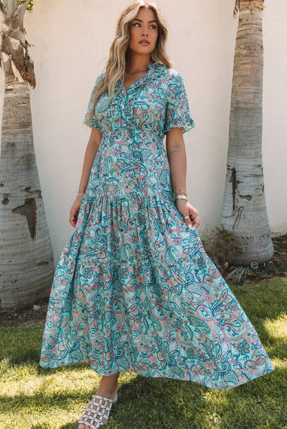 boho paisley print ruffle maxi dress