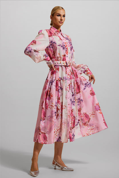 Floral Shirt Collar Midi Dress With Belt