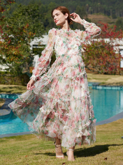Floral Dress Illusion Neck And Sleeves High Collar Teried Party Maxi Dresses