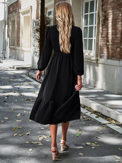 Midi Dress V Neck Lantern Sleeves Pleated Flared Daily Casual Dresses