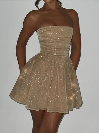 TARUXY Shiny Sequins Evening Dress Women Off Shoulder Slim Ruffle Mini Dresses Lady Party Bow Bandage Sexy Backless Dress Woman