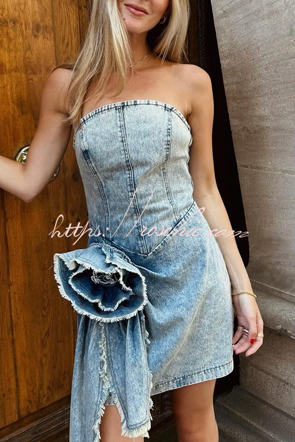 Giselle Washed Denim Floral Ruffle Pendant Strapless Stretch Mini Dress