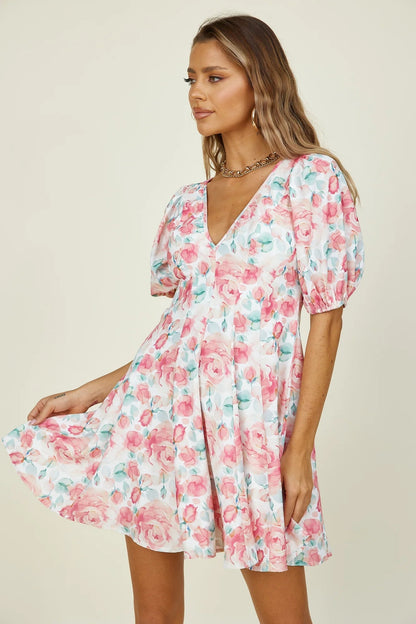 Women’s Spring Summer Short Sleeve V-Neck Printed Dress – Floral Print Mini Dress