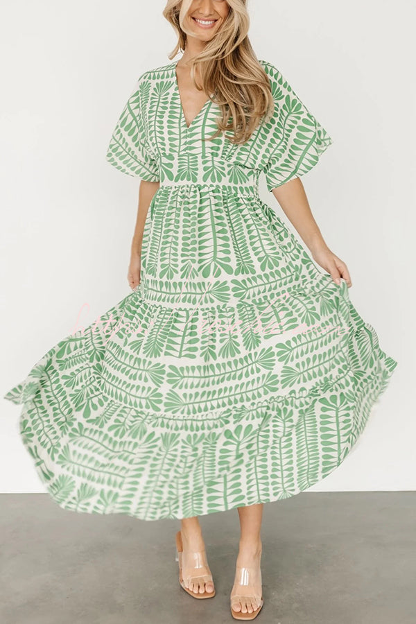 Bohemian Style Unique Printed Short Sleeve High Waist Midi Dress