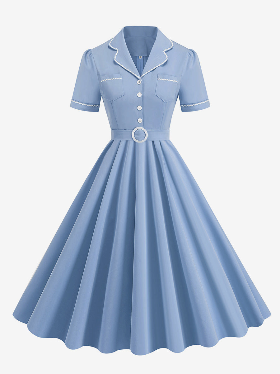 Dress Buttons Ring Detail Short Sleeves Retro Midi Dress
