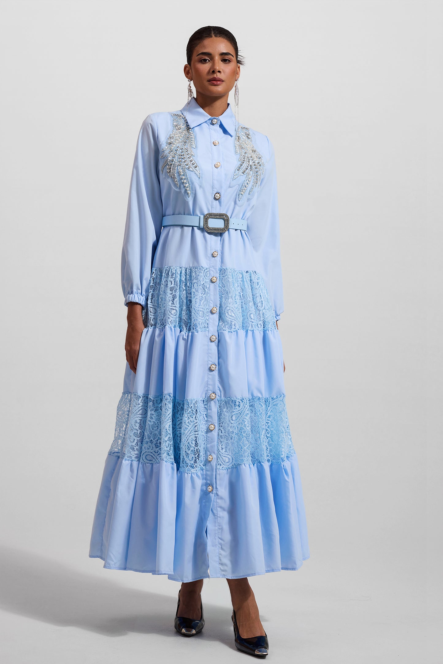 Solid Lace Embroidered Rhinestone Lantern Sleeve Midi Dress