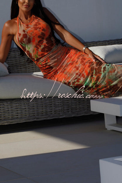 Avalon Mesh Color Splash Ink Print Ruched Halter Stretch Midi Dress