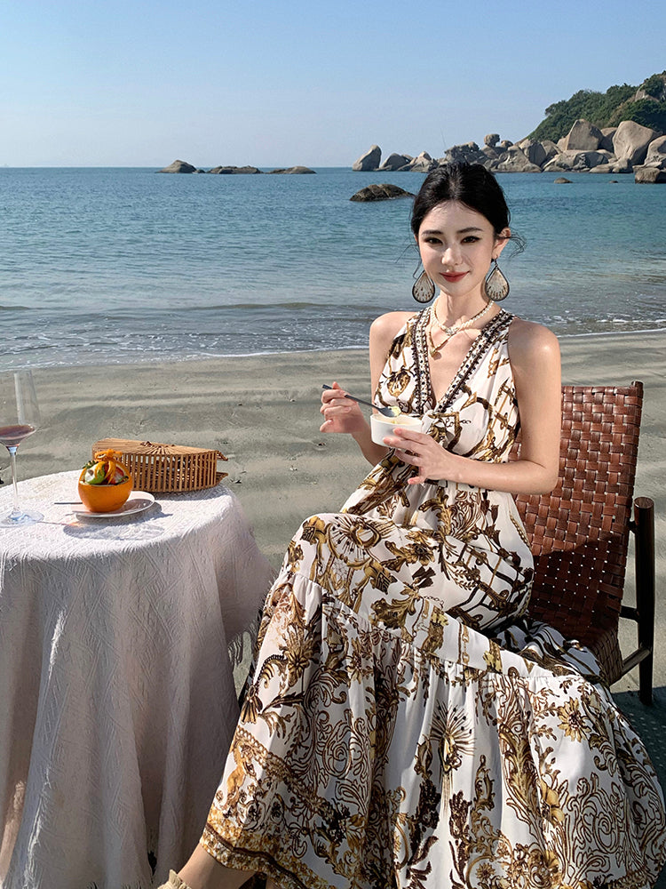 Boho Chic V-Neck Printed Maxi Dress – Elegant Beach Vacation Outfit