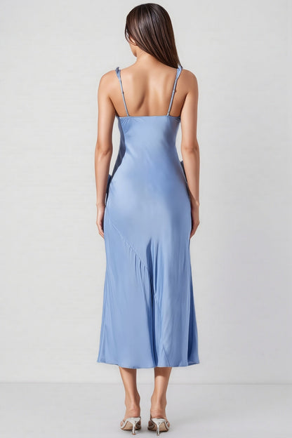 Anyat Blue Satin Ruffle Midi Dress
