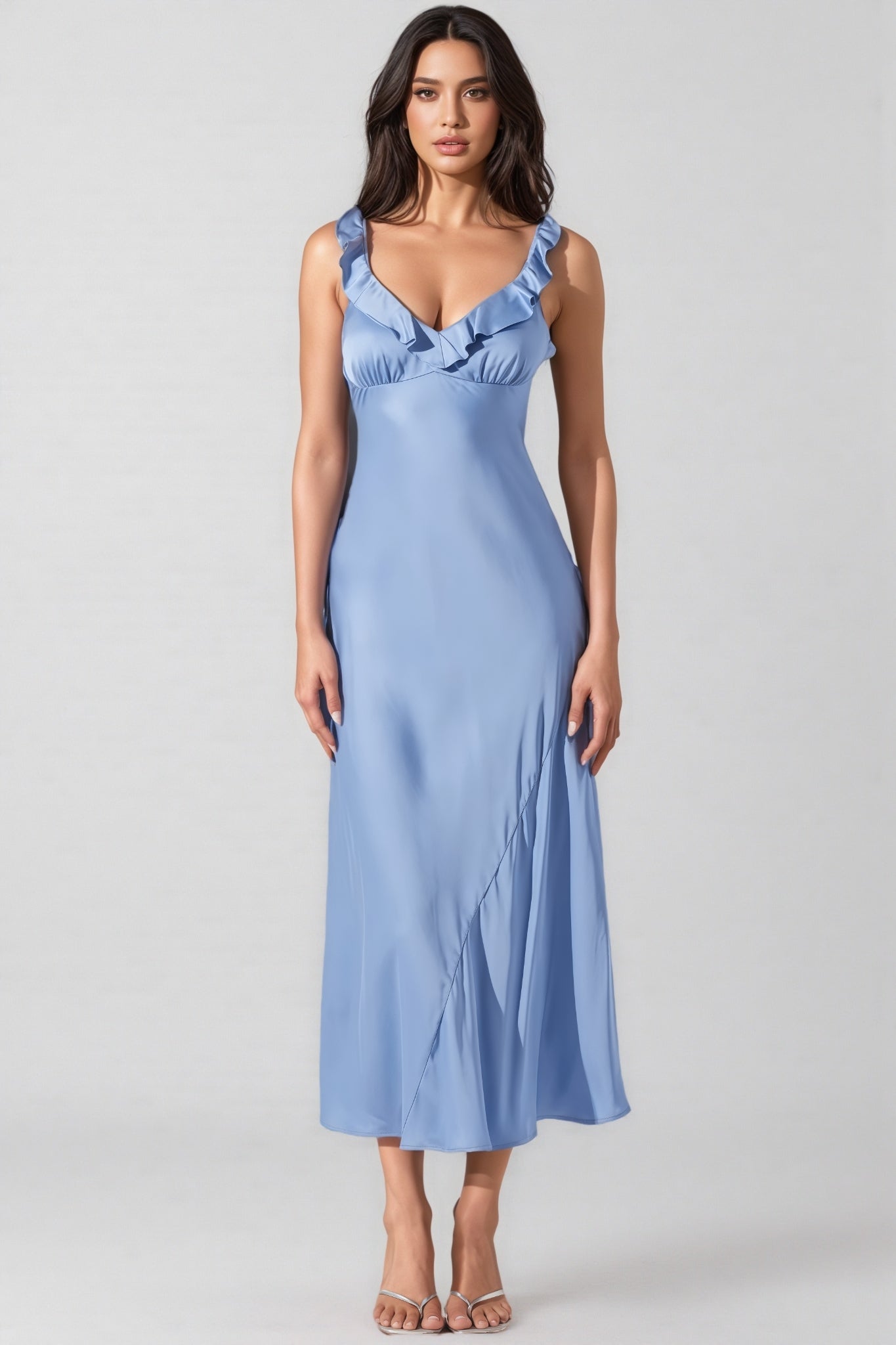 Anyat Blue Satin Ruffle Midi Dress