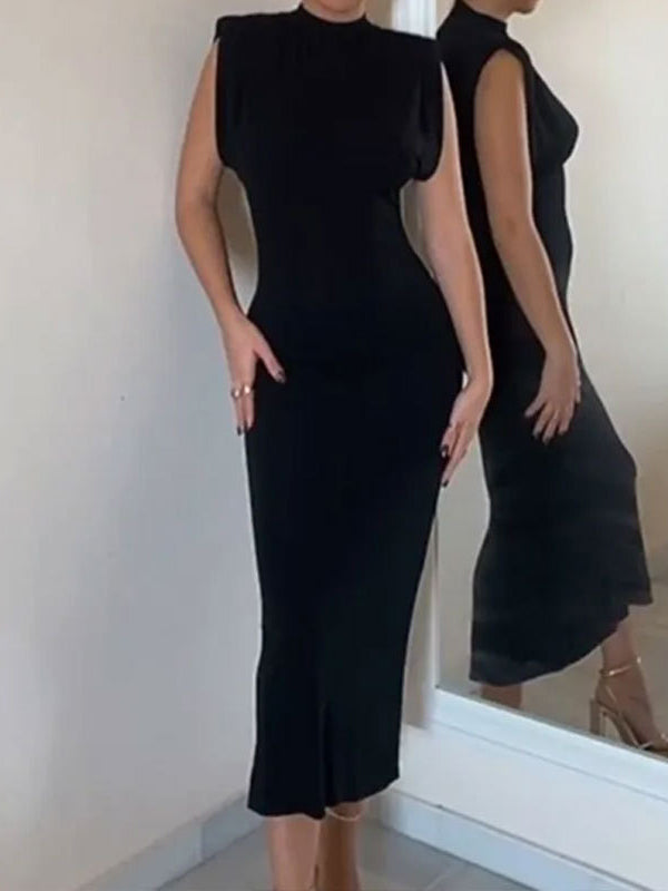 Plus Size Skinny Solid Color Zipper Mock Neck Midi Dresses
