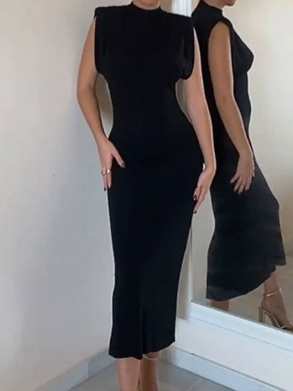 Plus Size Skinny Solid Color Zipper Mock Neck Midi Dresses