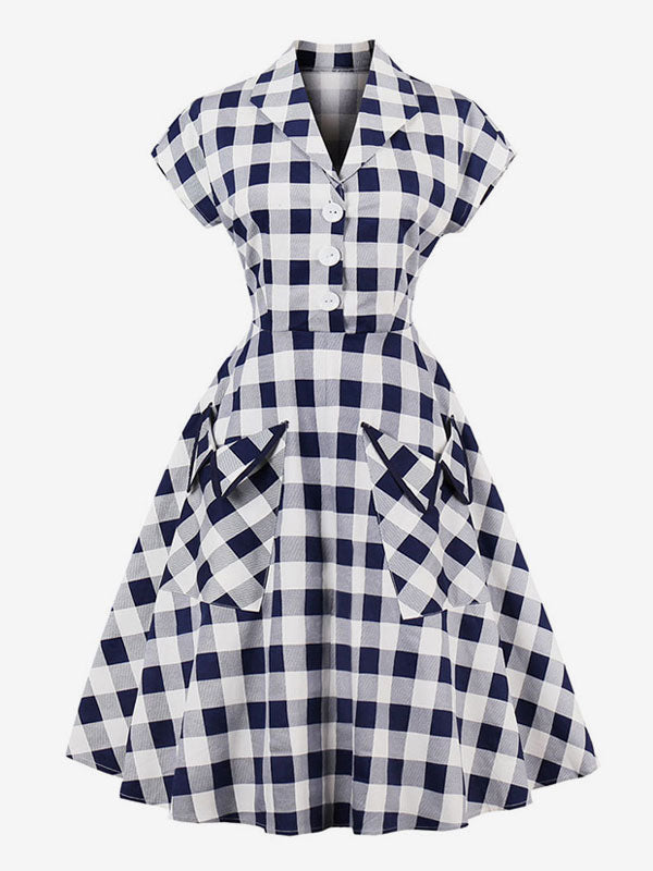 White Vintage Dresses V Neck Short Sleeve Checkered A Line Midi Dress For Women