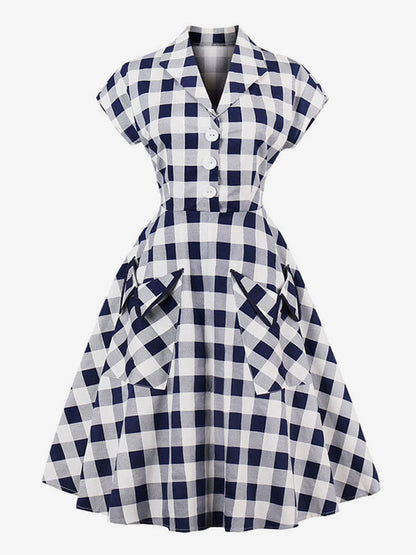 White Vintage Dresses V Neck Short Sleeve Checkered A Line Midi Dress For Women