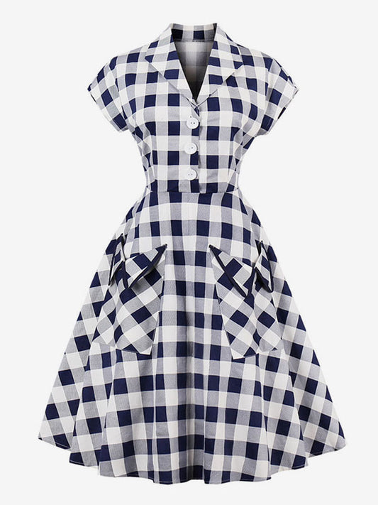 White Vintage Dresses V Neck Short Sleeve Checkered A Line Midi Dress For Women