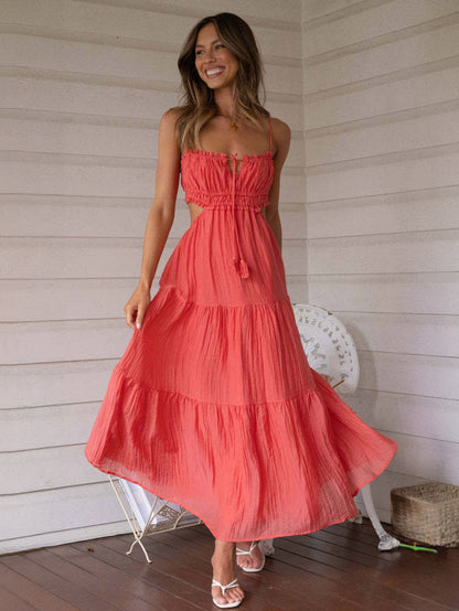 White Dress Tiered Spaghetti Strap Cutout Lace Up Summer Casual Midi Dresses