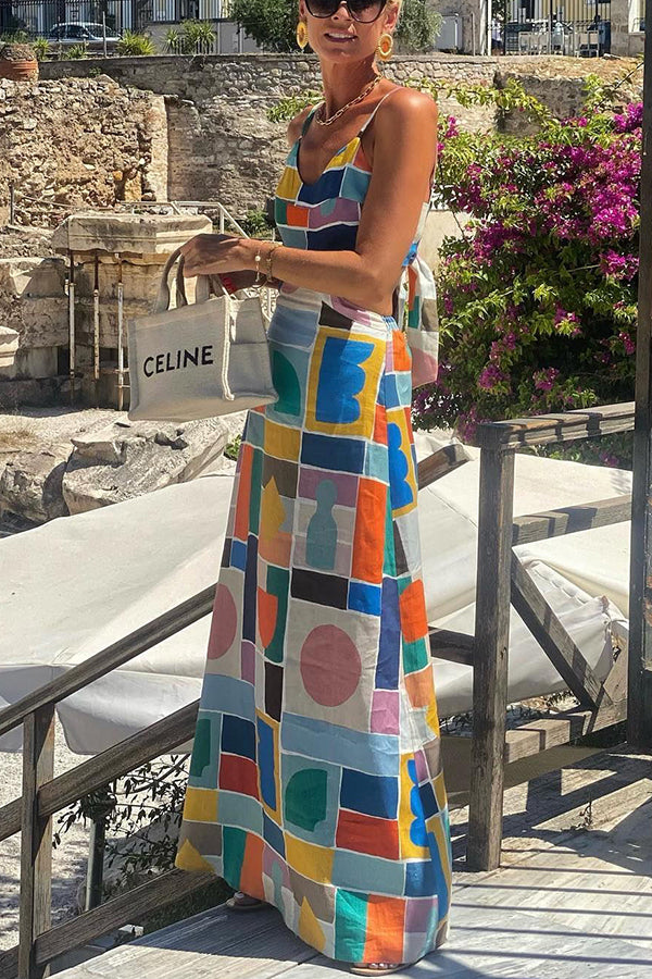 Linen Blend Colorful Unique Print Cutout Back Tie-up Maxi Dress