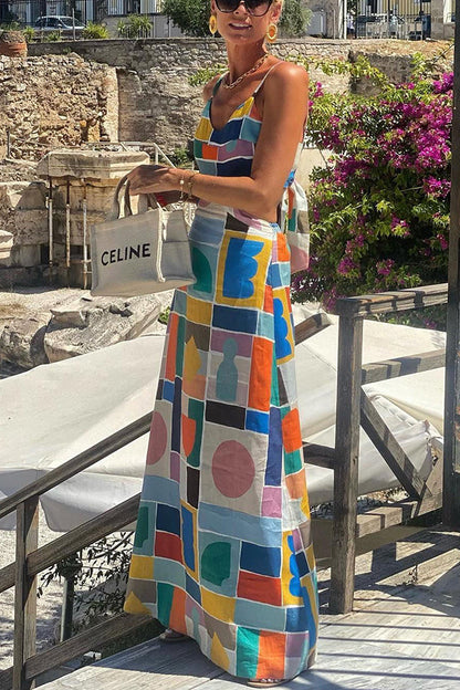 Linen Blend Colorful Unique Print Cutout Back Tie-up Maxi Dress