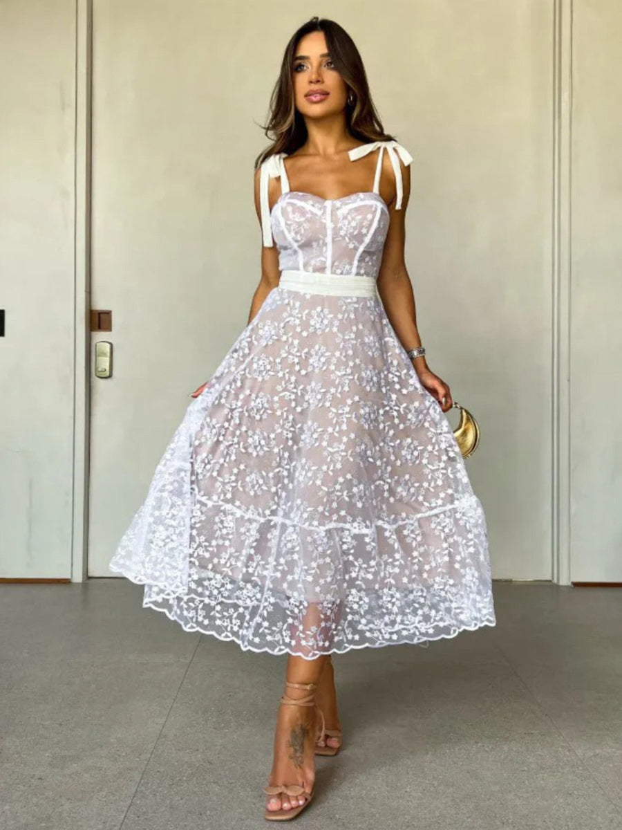 Summer Dress Sweetheart Neckline Sleeveless Sheer Casual Midi Dresses
