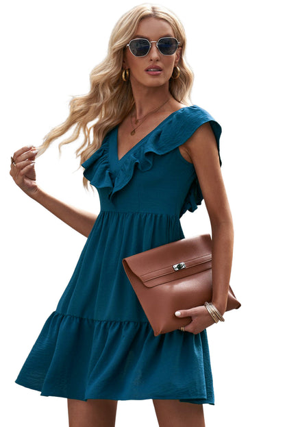 Blue Ruffle Trim V Neck Smocking Back Mini Dress