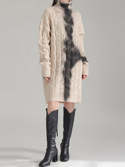 Long Sleeves Loose Contrast Color High Neck Mini Dresses Sweater Dresses