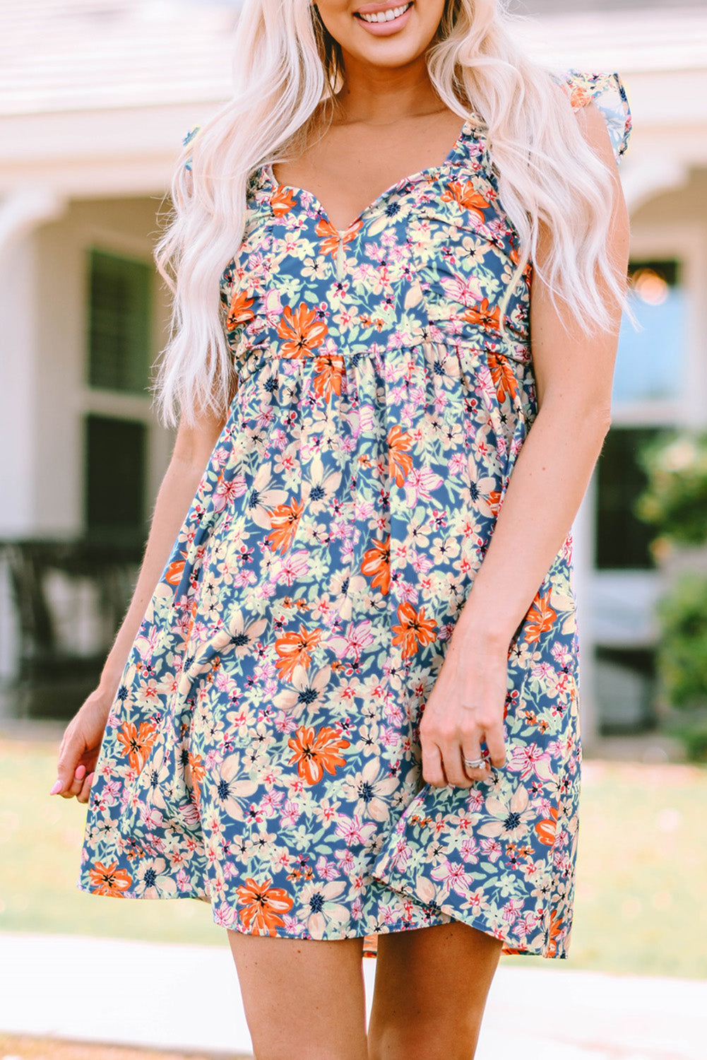 Multicolor Floral Sweetheart Ruffle Sleeveless Mini Dress