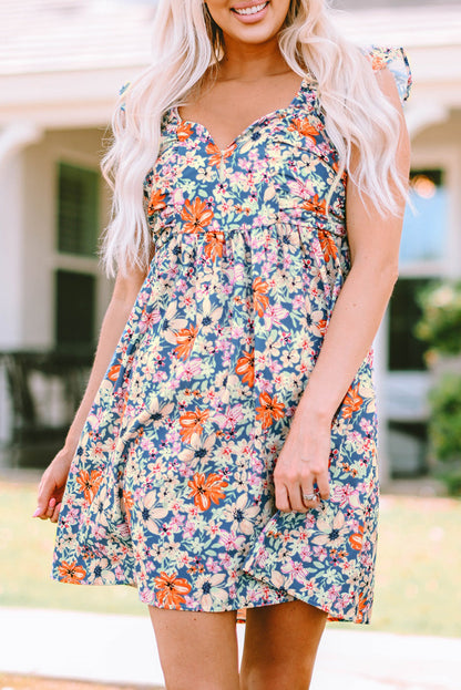 Multicolor Floral Sweetheart Ruffle Sleeveless Mini Dress