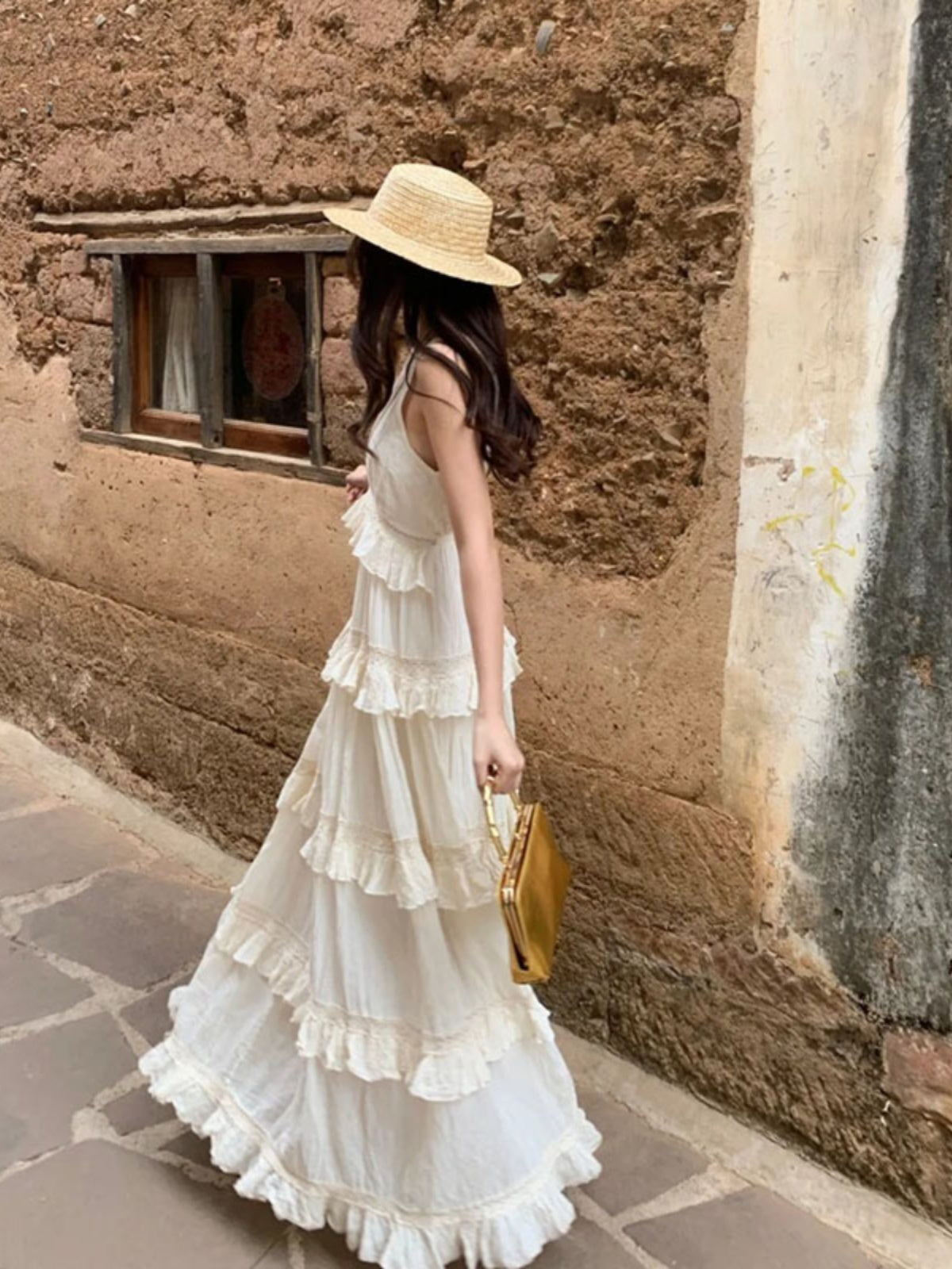 French Soft Ruffle Tiered Maxi Dress – Elegant Cotton Linen Vacation Gown for Summer gunne sax vintage dress
