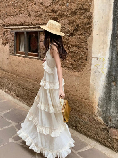 French Soft Ruffle Tiered Maxi Dress – Elegant Cotton Linen Vacation Gown for Summer gunne sax vintage dress