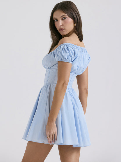 Short Dress Pleated Square Neck Puff Sleeves Graduation Party Mini Dresses