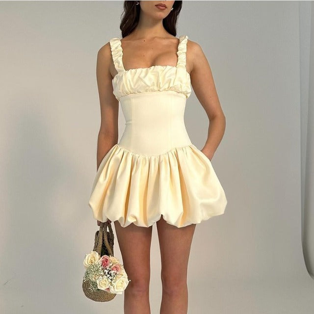 TARUXY Satin Suspender Mini Dress For Women Ball Gown Splice Sexy Sleeveless Ruched Solid Summer New Princess Party Dress Female