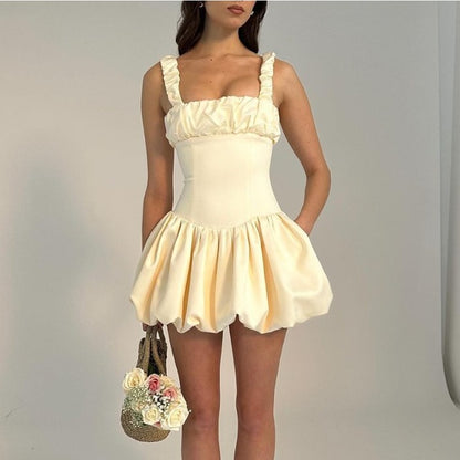 TARUXY Satin Suspender Mini Dress For Women Ball Gown Splice Sexy Sleeveless Ruched Solid Summer New Princess Party Dress Female