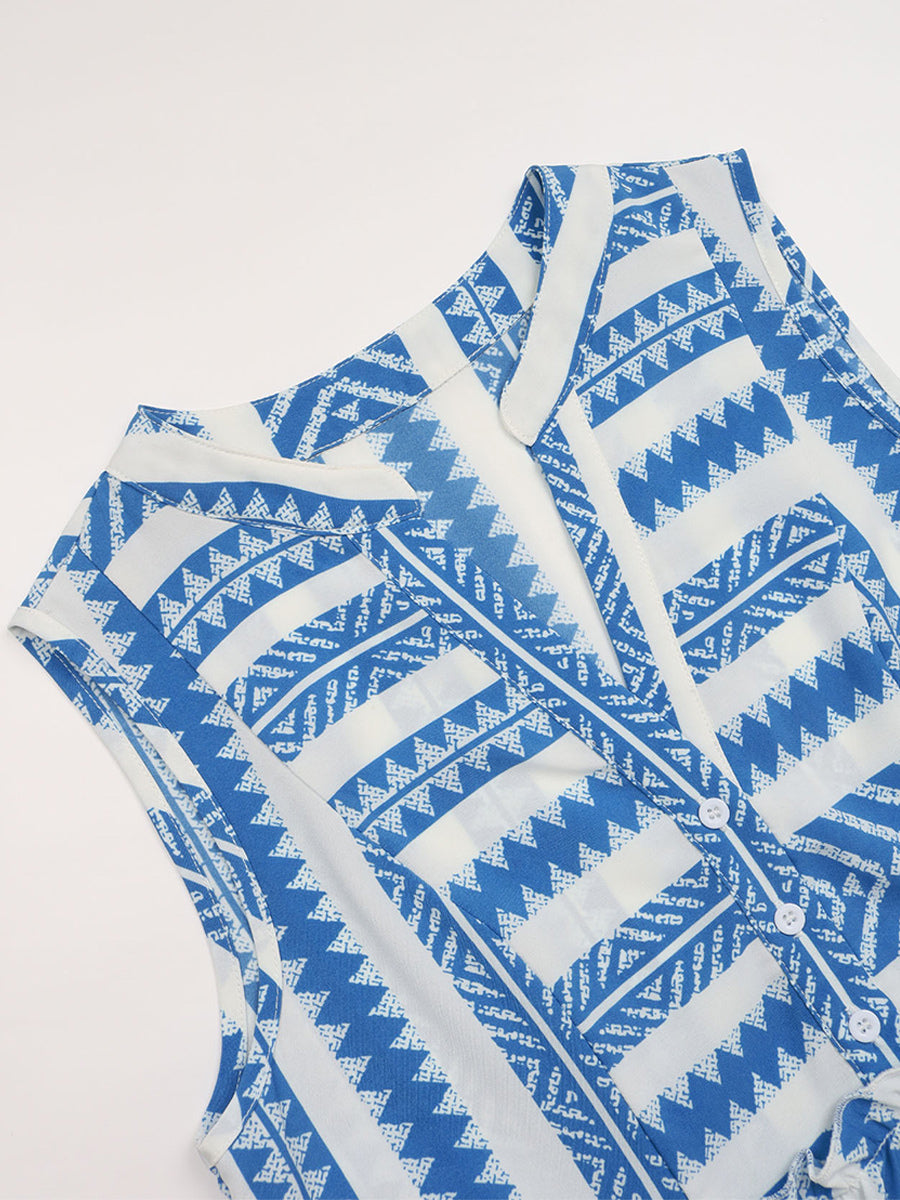 Sleeveless Summer Dress Printed Buttons Tiered Casual Chic Midi Dresses