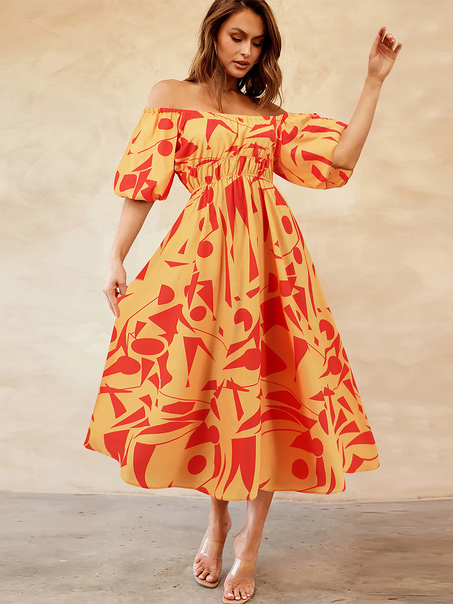 Floral Dress Off The Shoulder Puff Sleeves Casual Summer Midi Dresses