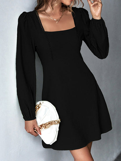 A-Line High Waisted Solid Color Split-Joint Square-Neck Mini Dresses