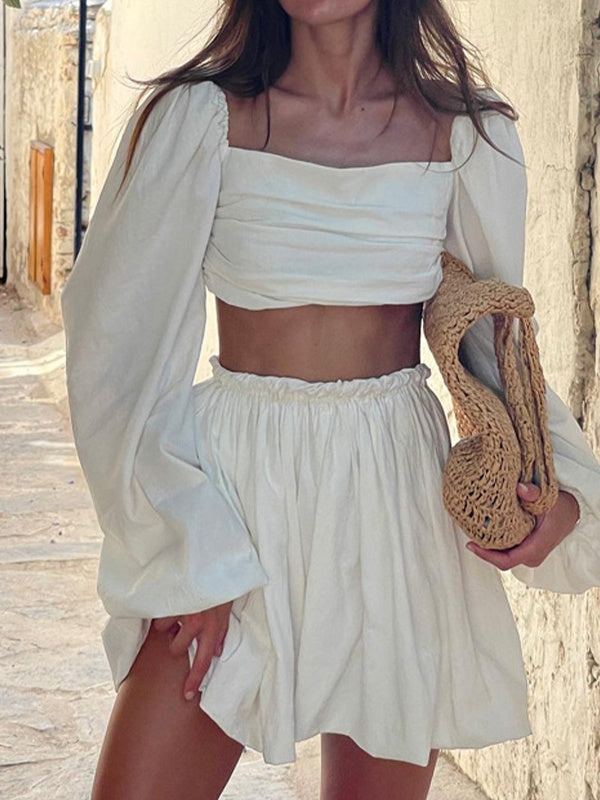Lace-up Top Pleated Skirt Two-Pieces