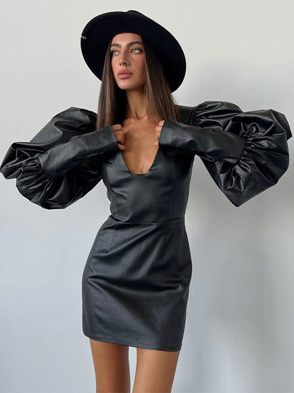 Leather Effect Sheath Dress Puff Sleeves V-Neck Sexy Mini Dresses